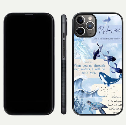 Faithful Ocean Promise Glass Case for iPhone 11 Pro Max close-up highlighting water reflection and serene blue tones