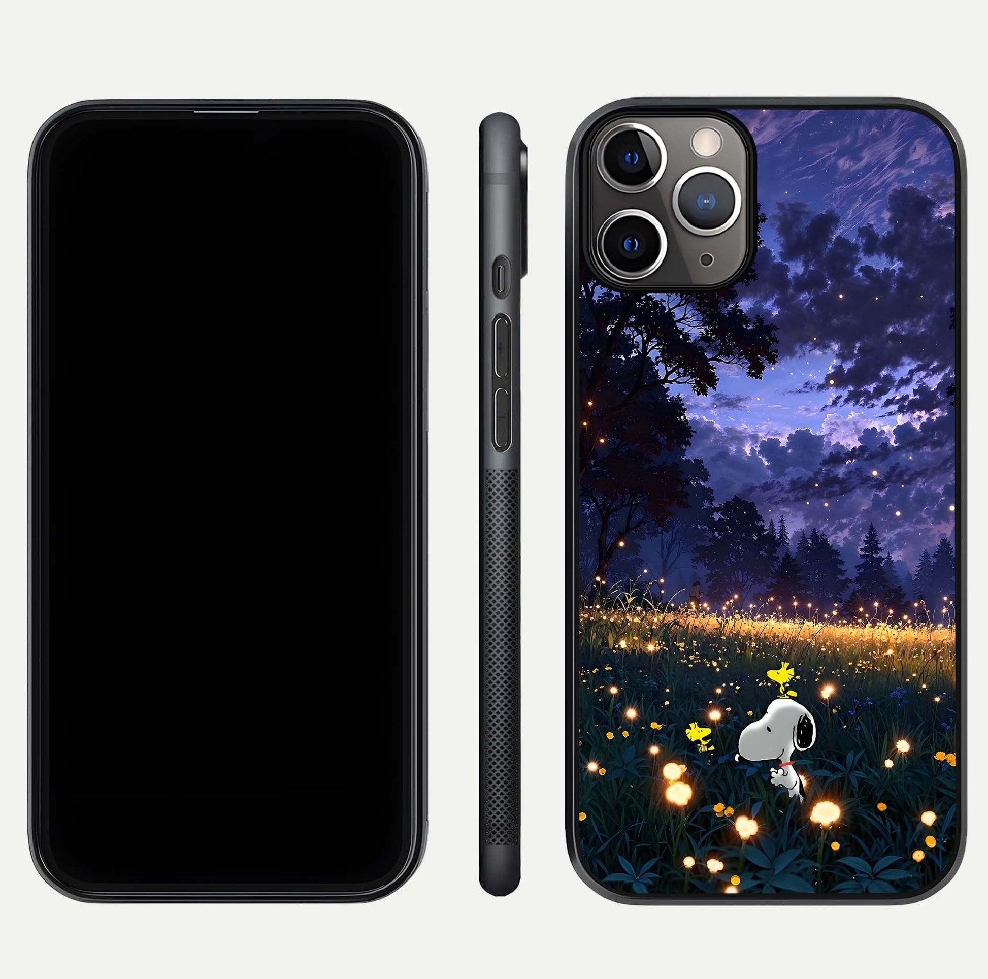 Firefly Meadow Magic Glass Case for iPhone 11 Pro Max close-up highlighting luminous firefly light and reflection detail