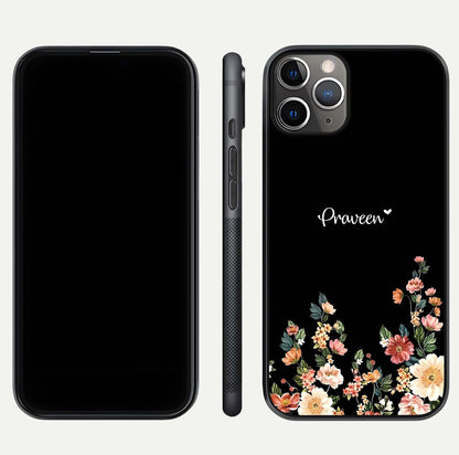 Floral Design Personalized Custom Name Glass Case for iPhone 11 Pro Max close-up highlighting name clarity, petals, and gloss