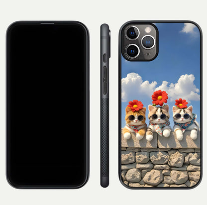 Floral Kitty Squad Glass Case for iPhone 11 Pro Max close-up highlighting cat detail and flower patterns with HD shine