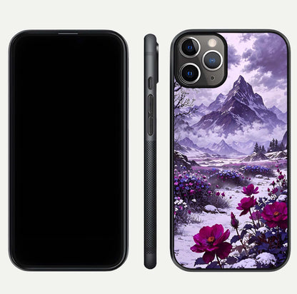 Flower Mountain View Glass Case for iPhone 11 Pro Max close-up highlighting petal details and sky reflection