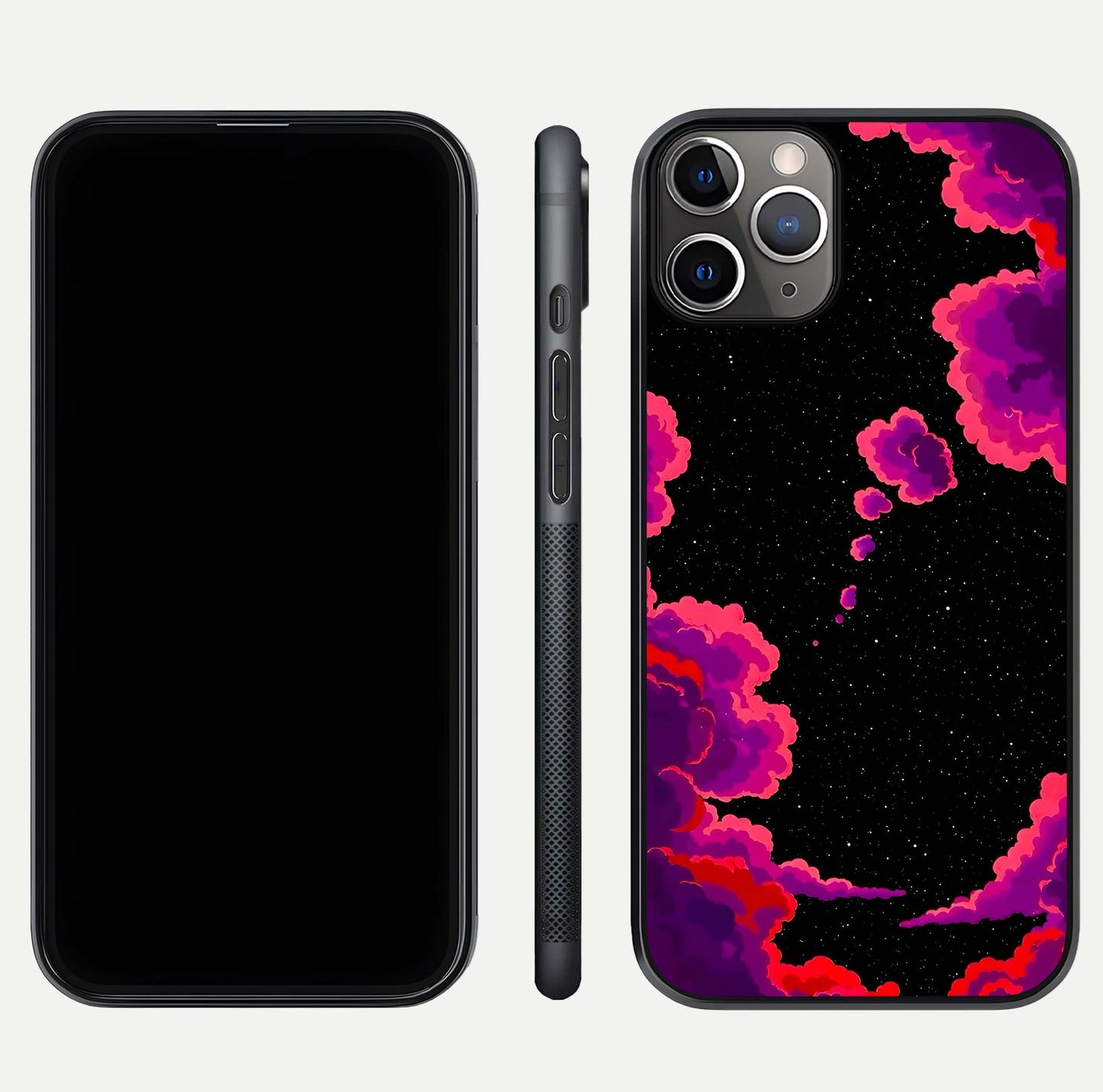 Galaxy Dream Frame Glass Case for iPhone 11 Pro Max close-up angled shot showing nebula patterns and reflection glow