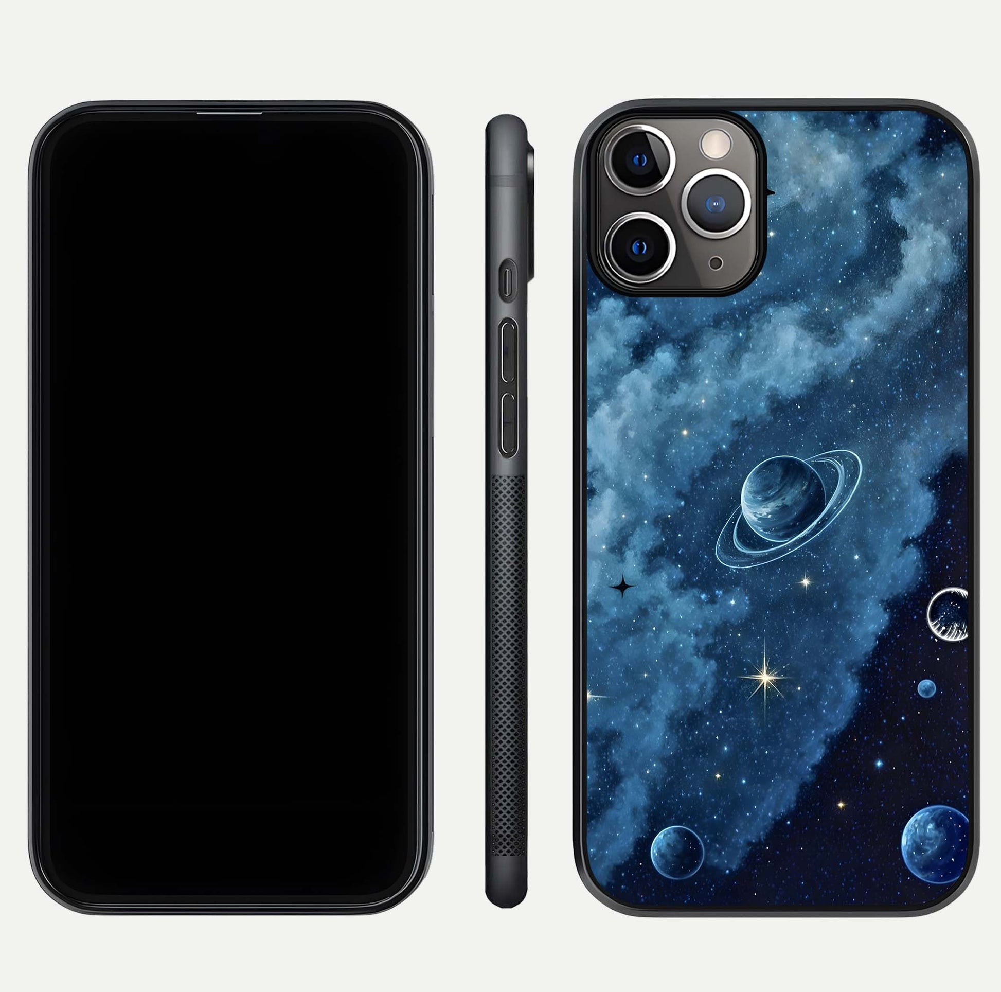 Galaxy Dream Space Glass Case for iPhone 11 Pro Max close-up angled shot highlighting nebula details and reflection shine