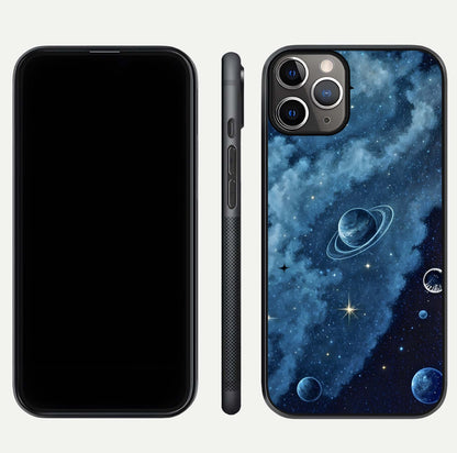 Galaxy Dream Space Glass Case for iPhone 11 Pro Max close-up angled shot highlighting nebula details and reflection shine