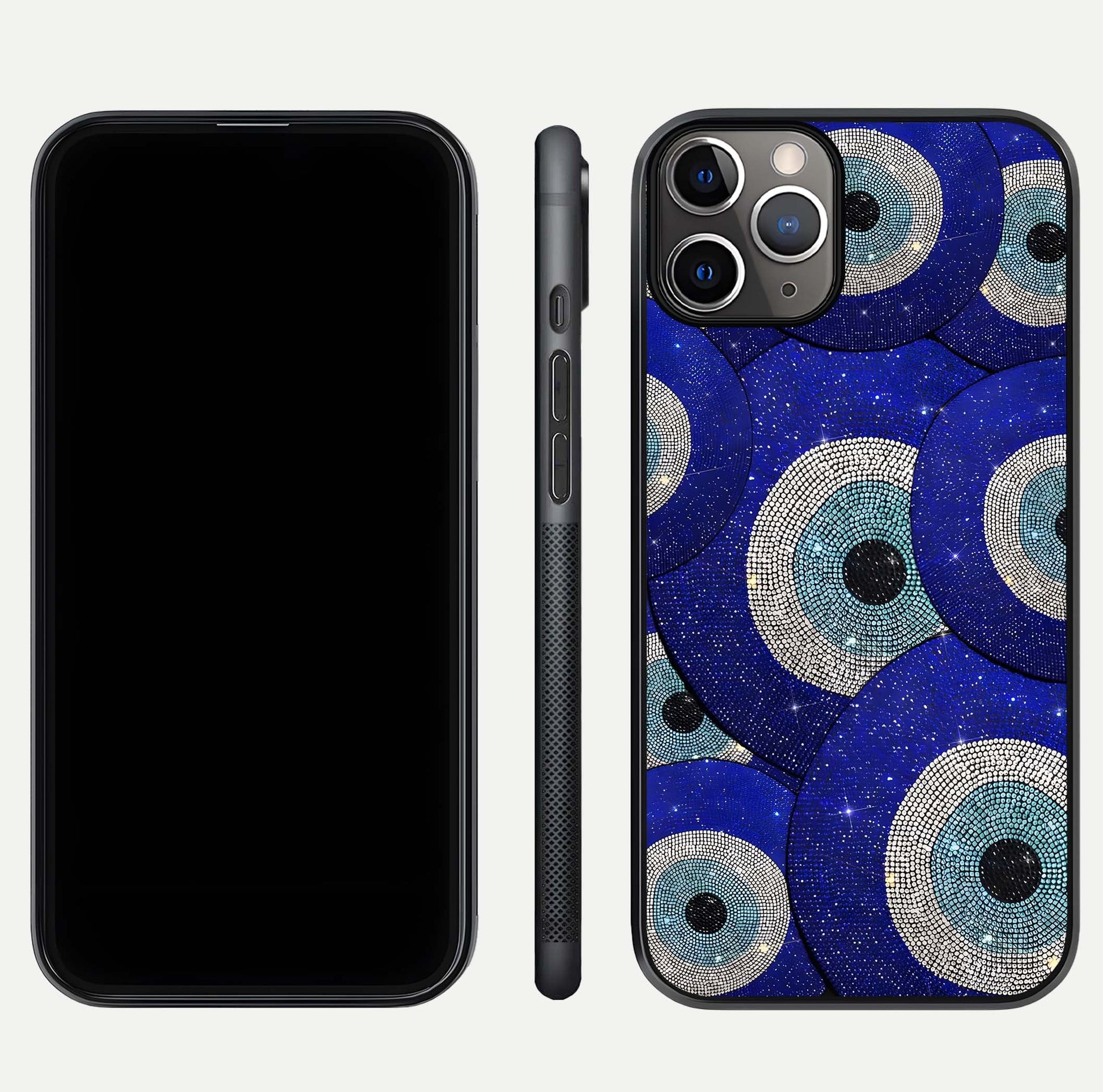 Galaxy Eye Flow Glass Case for iPhone 11 Pro Max close-up angled shot showing vivid swirl detail and reflection brightness