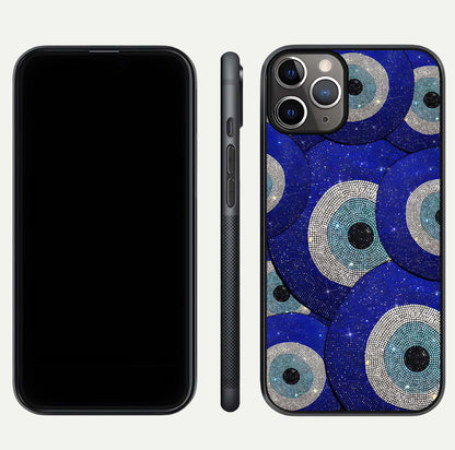 Galaxy Eye Flow Glass Case for iPhone 11 Pro Max close-up angled shot showing vivid swirl detail and reflection brightness