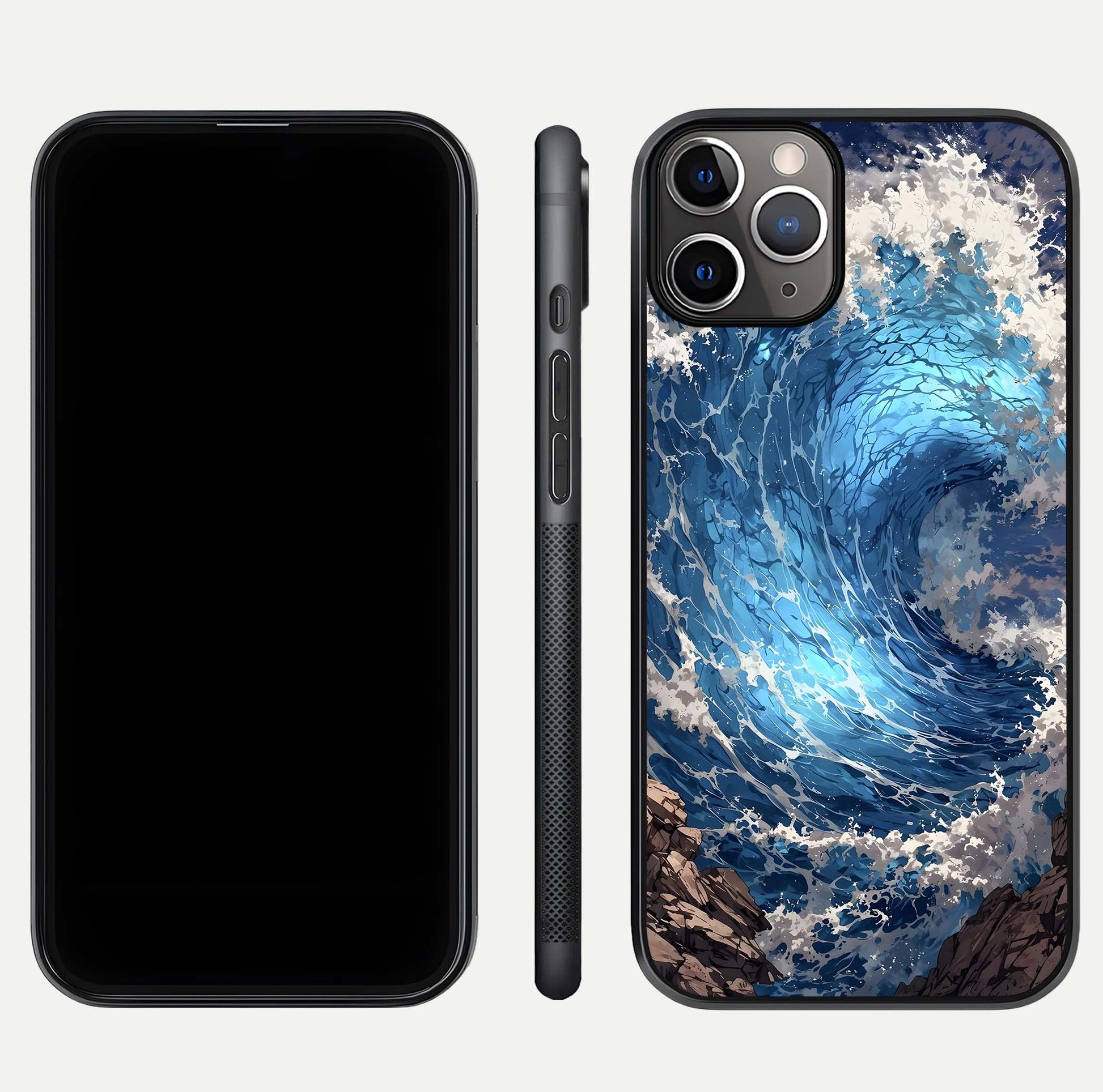 Giant Ocean Wave Glass Case for iPhone 11 Pro Max close-up angled shot showing wave texture and water reflection shine