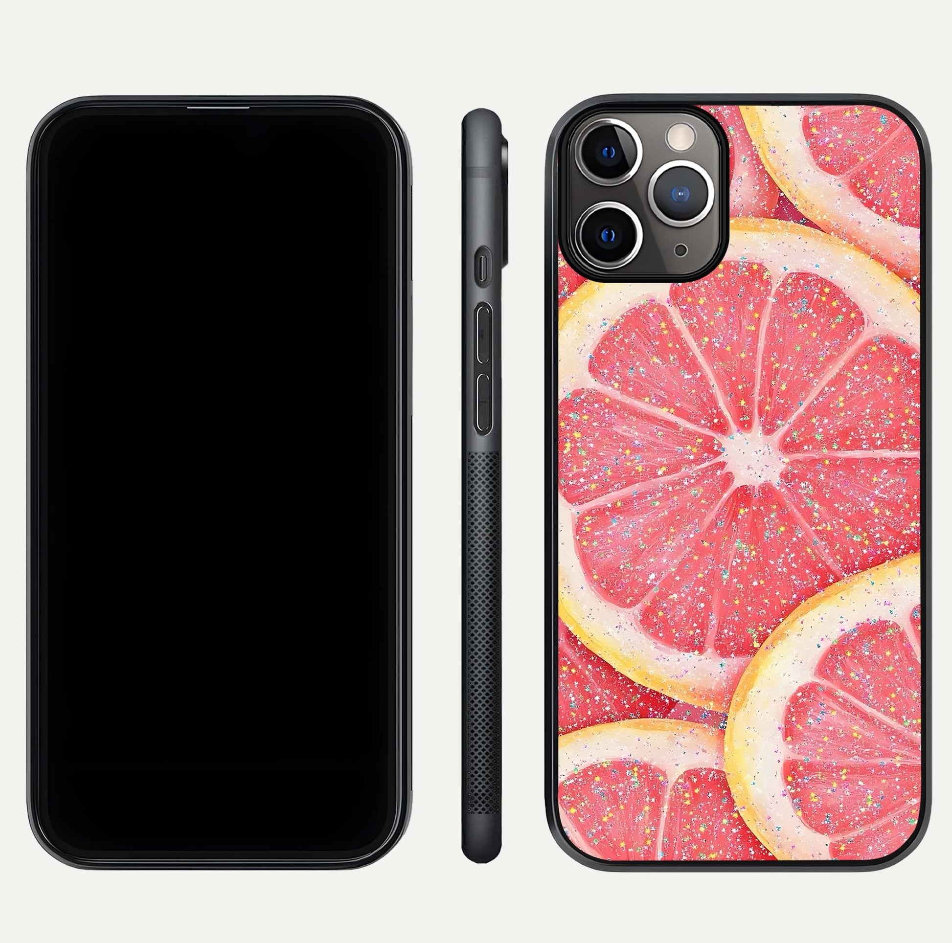 Glitter Grapefruit Glass Case for iPhone 11 Pro Max close-up angled shot showing fruit texture and glitter reflection