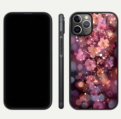 Glowing Petal Bliss Glass Case for iPhone 11 Pro Max close-up angled shot showing petal glow, color depth, and reflection shine