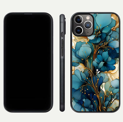 Golden Bloom Symphony Glass Case for iPhone 11 Pro Max close-up angled shot showing detailed petals and metallic gold reflection