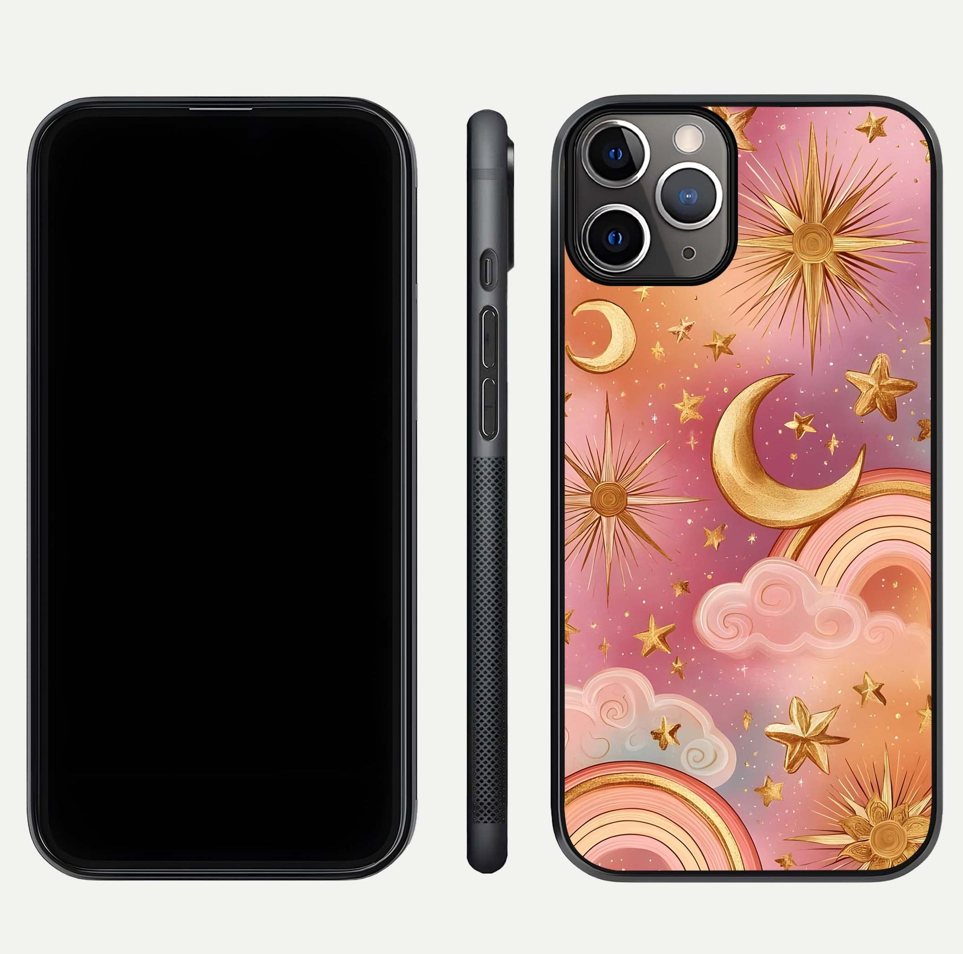 Golden Celestial Dreams Glass Case for iPhone 11 Pro Max close-up angled shot showing cosmic gold tones and reflection shine