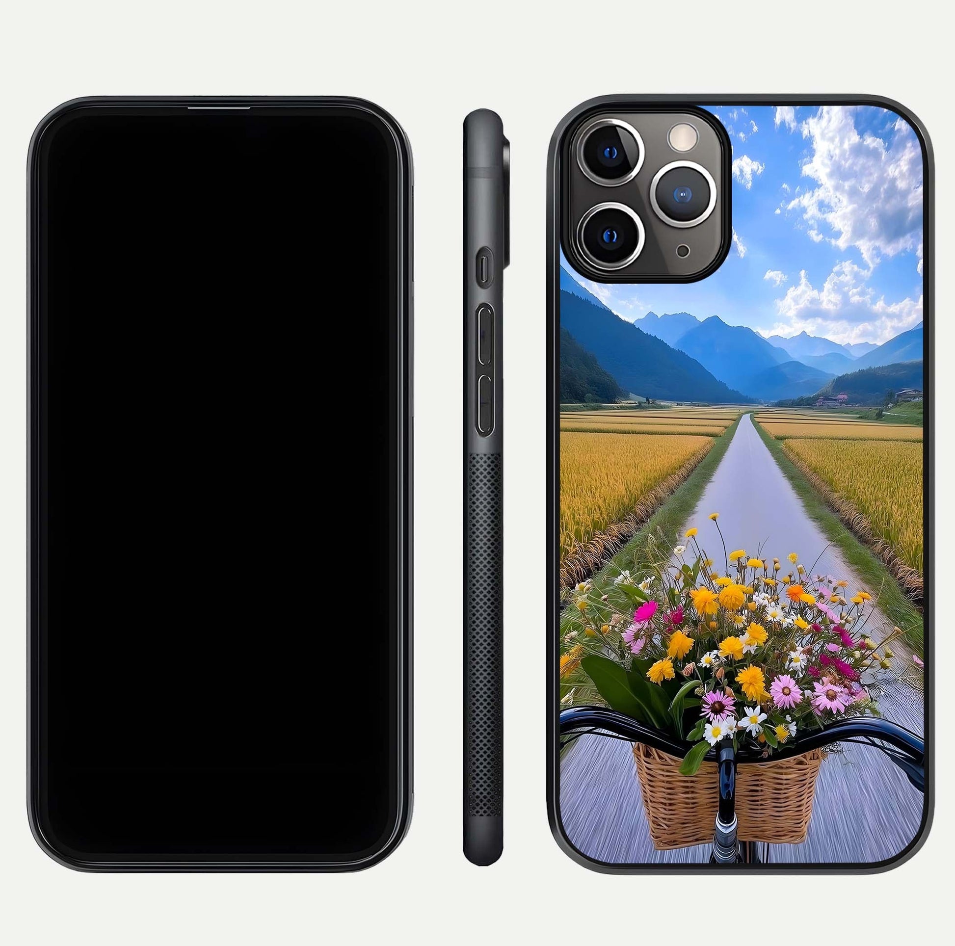 Golden Field Journey Glass Case for iPhone 11 Pro Max close-up angled shot showing sunlight tones and reflection clarity