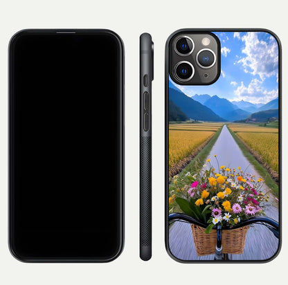 Golden Field Journey Glass Case for iPhone 11 Pro Max close-up angled shot showing sunlight tones and reflection clarity