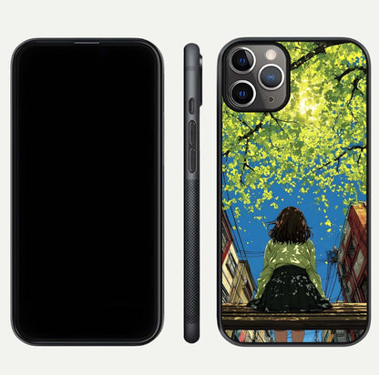 Golden Leaves Glow Glass Case for iPhone 11 Pro Max close-up angled shot showing fine leaf texture and reflection shine