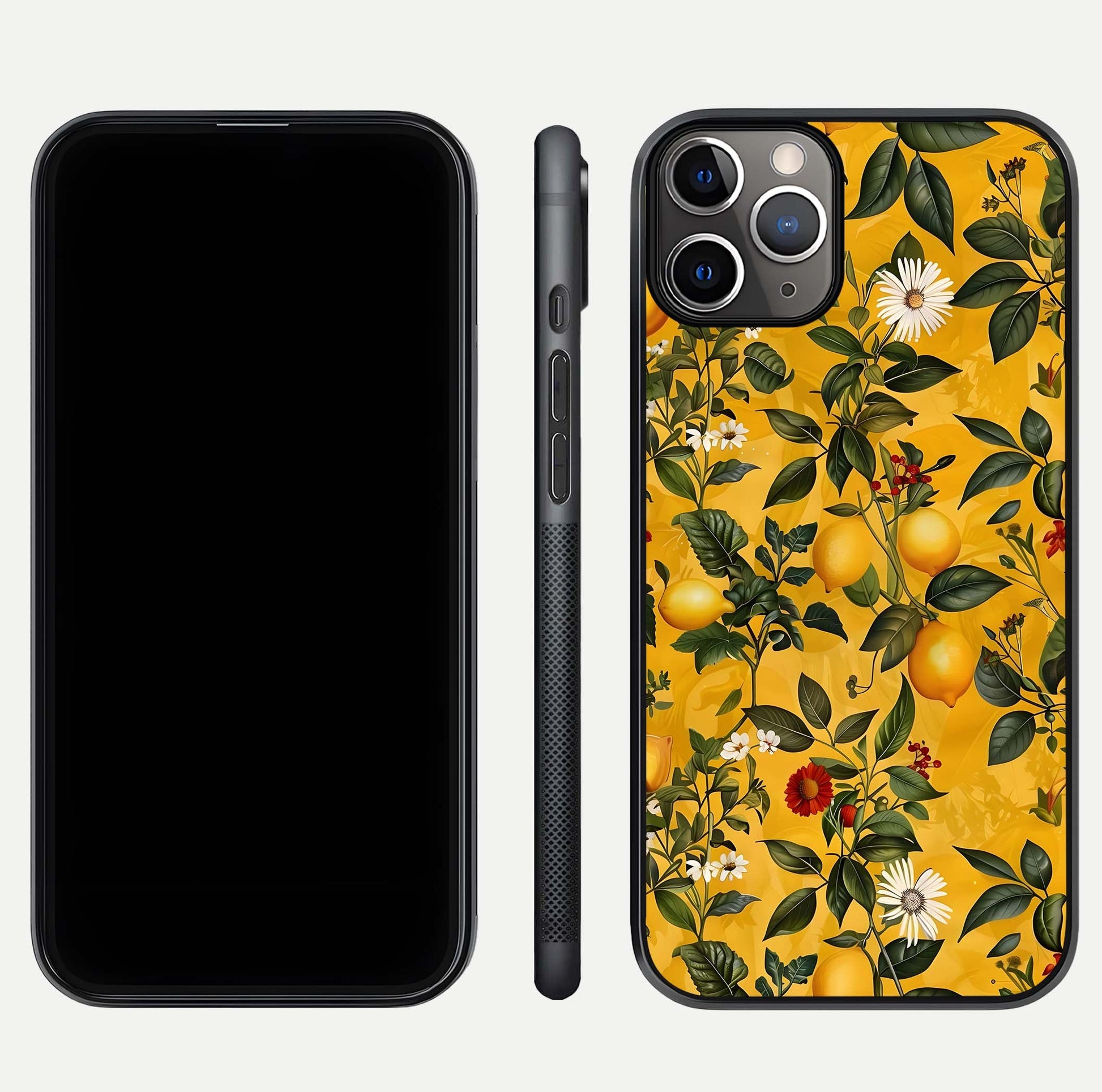 Golden Lemon Field Glass Case for iPhone 11 Pro Max close-up angled shot showing citrus texture and reflection brilliance