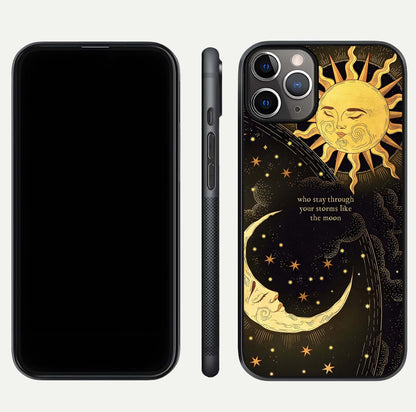 Golden Lunar Love Glass Case for iPhone 11 Pro Max close-up angled shot showing moon glow, texture, and reflection polish