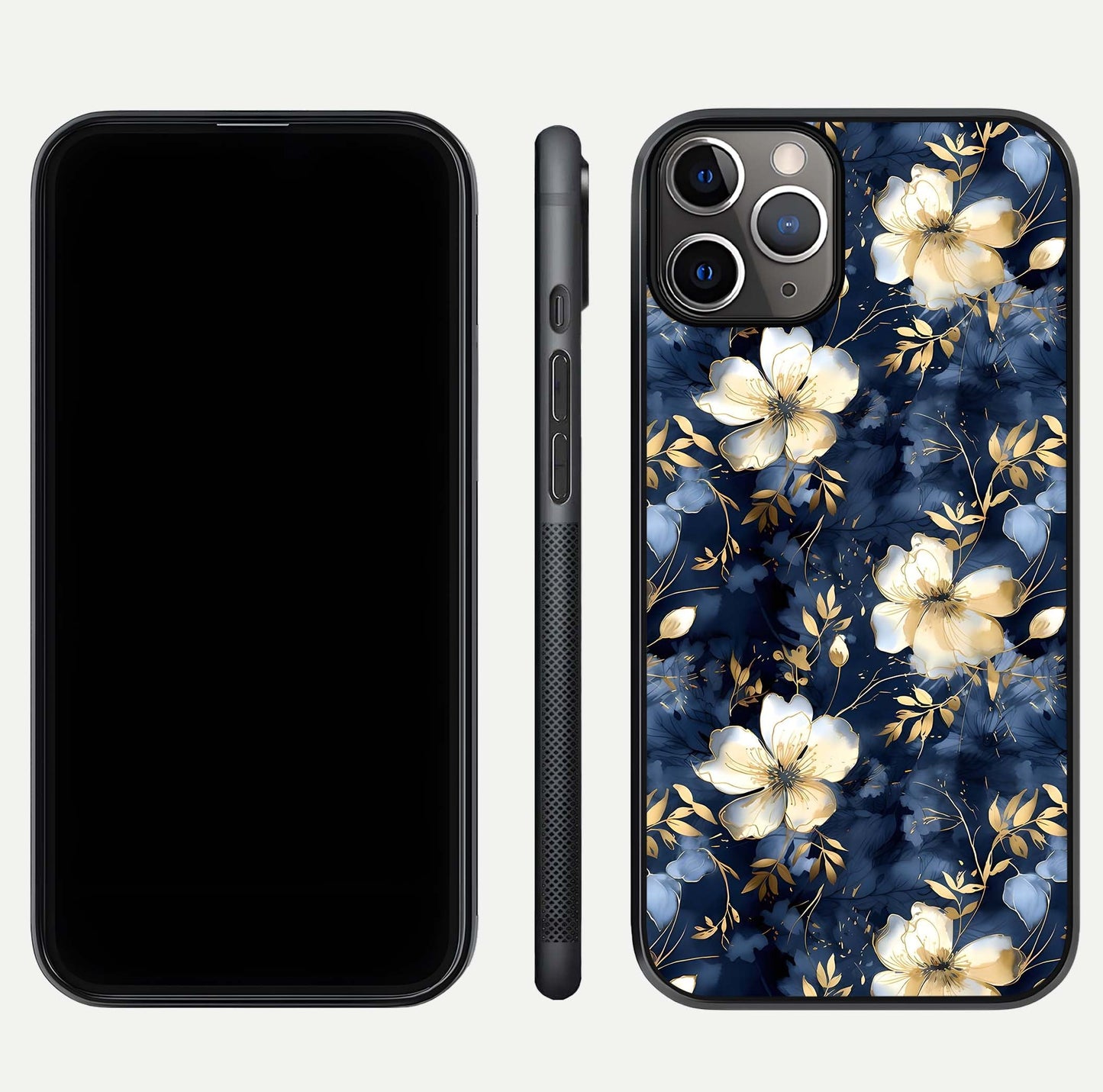Golden Midnight Bloom Glass Case for iPhone 11 Pro Max close-up angled shot showing floral detail and reflection shine