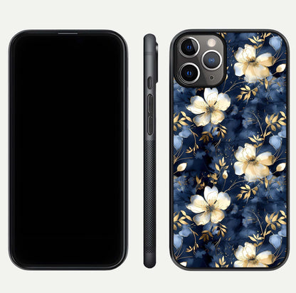 Golden Midnight Bloom Glass Case for iPhone 11 Pro Max close-up angled shot showing floral detail and reflection shine