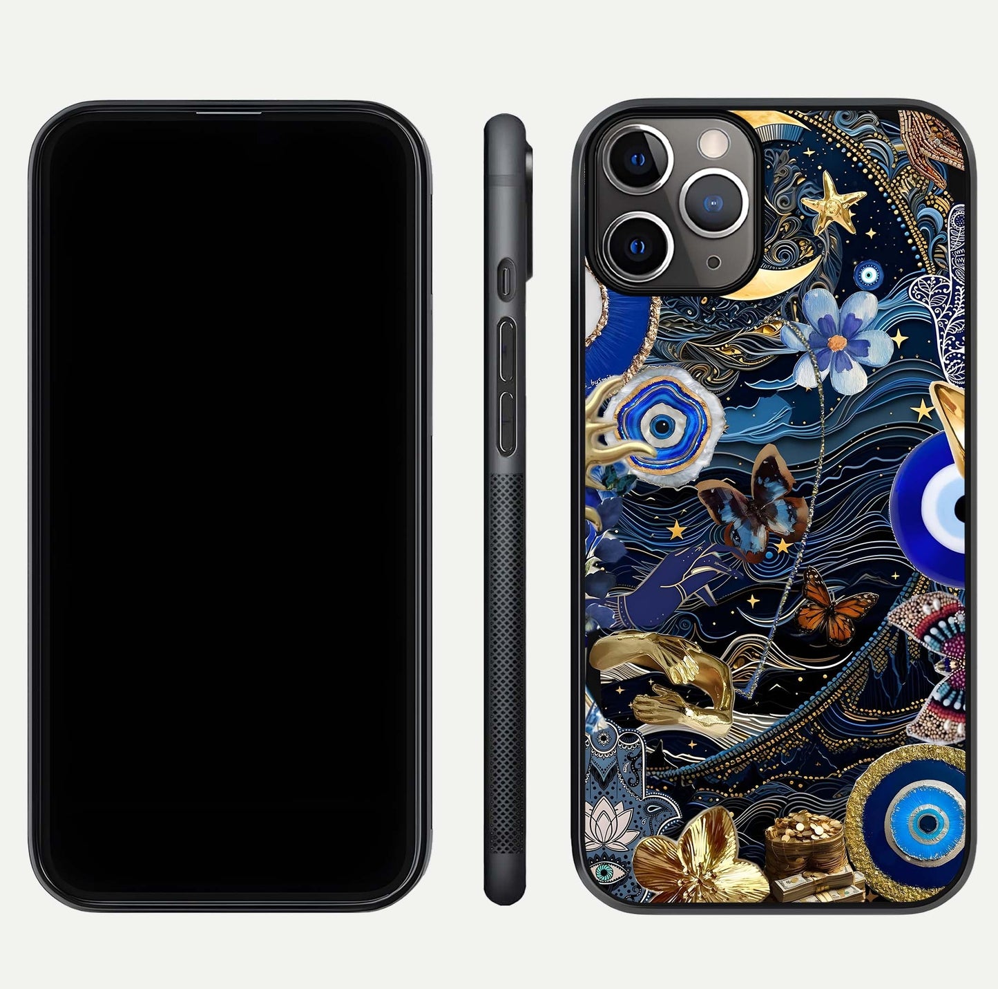 Golden Moon Magic Glass Case for iPhone 11 Pro Max close-up angled shot showing lunar glow, star detail, and reflection brightness
