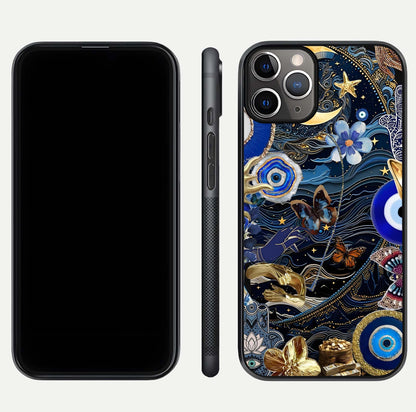 Golden Moon Magic Glass Case for iPhone 11 Pro Max close-up angled shot showing lunar glow, star detail, and reflection brightness