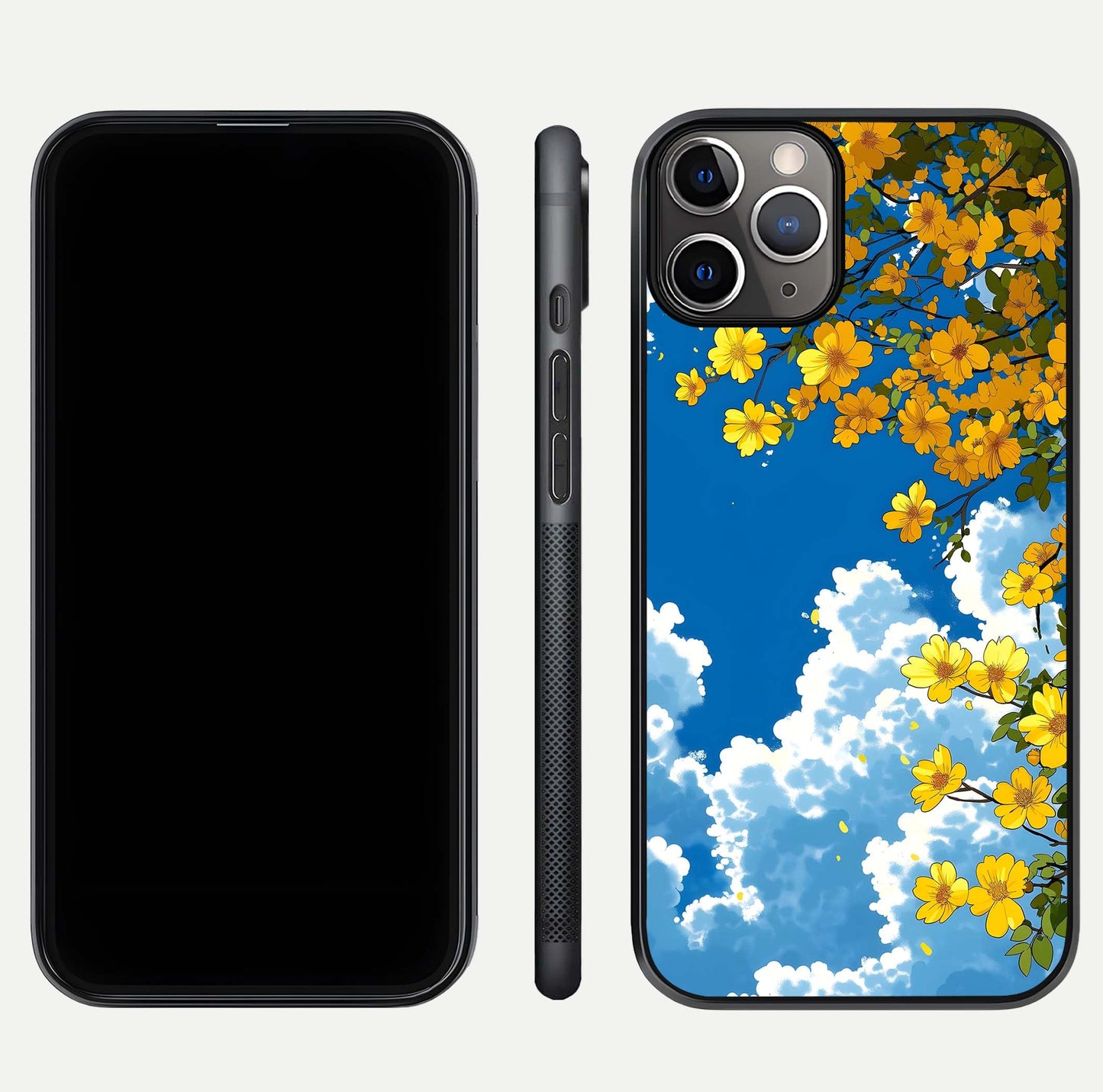 Golden Petal Sky Glass Case for iPhone 11 Pro Max close-up angled shot showing petal texture and shine reflection