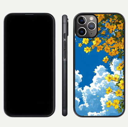 Golden Petal Sky Glass Case for iPhone 11 Pro Max close-up angled shot showing petal texture and shine reflection