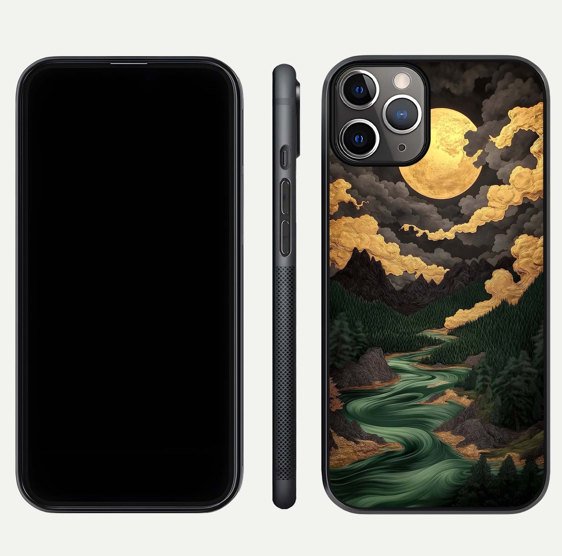 Golden River Moon Glass Case for iPhone 11 Pro Max close-up angled shot showing moon reflection and water shine