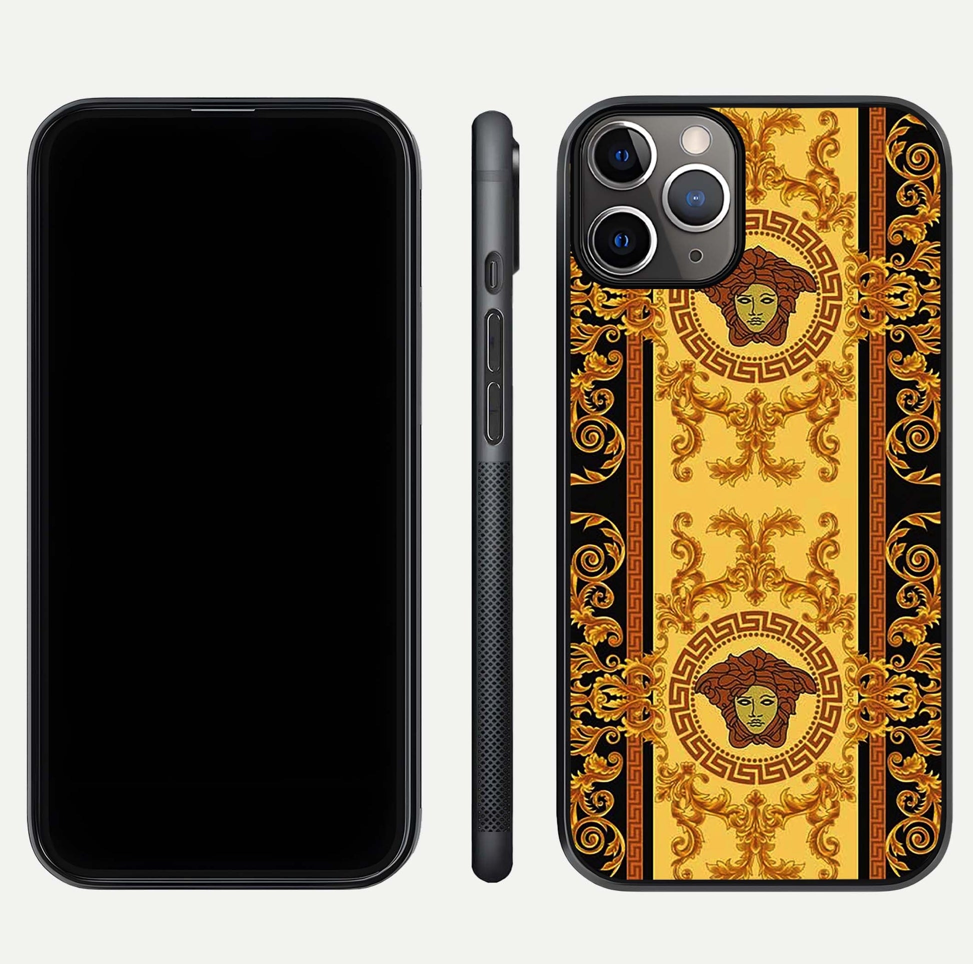 Golden Royal Heritage Glass Case for iPhone 11 Pro Max close-up angled shot showing intricate design and metallic reflection
