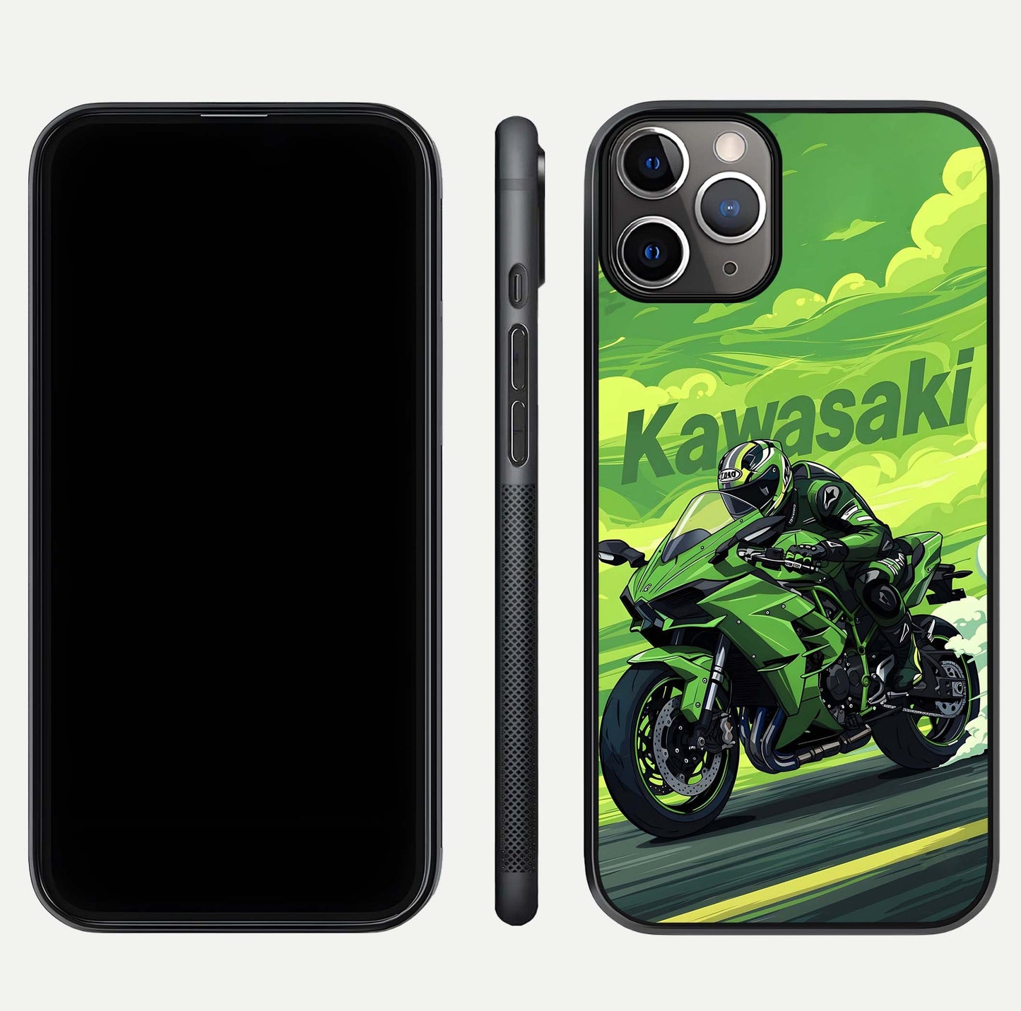 Green Kawasaki Glass Case for iPhone 11 Pro Max close-up angled shot showing sporty line details and reflection shine