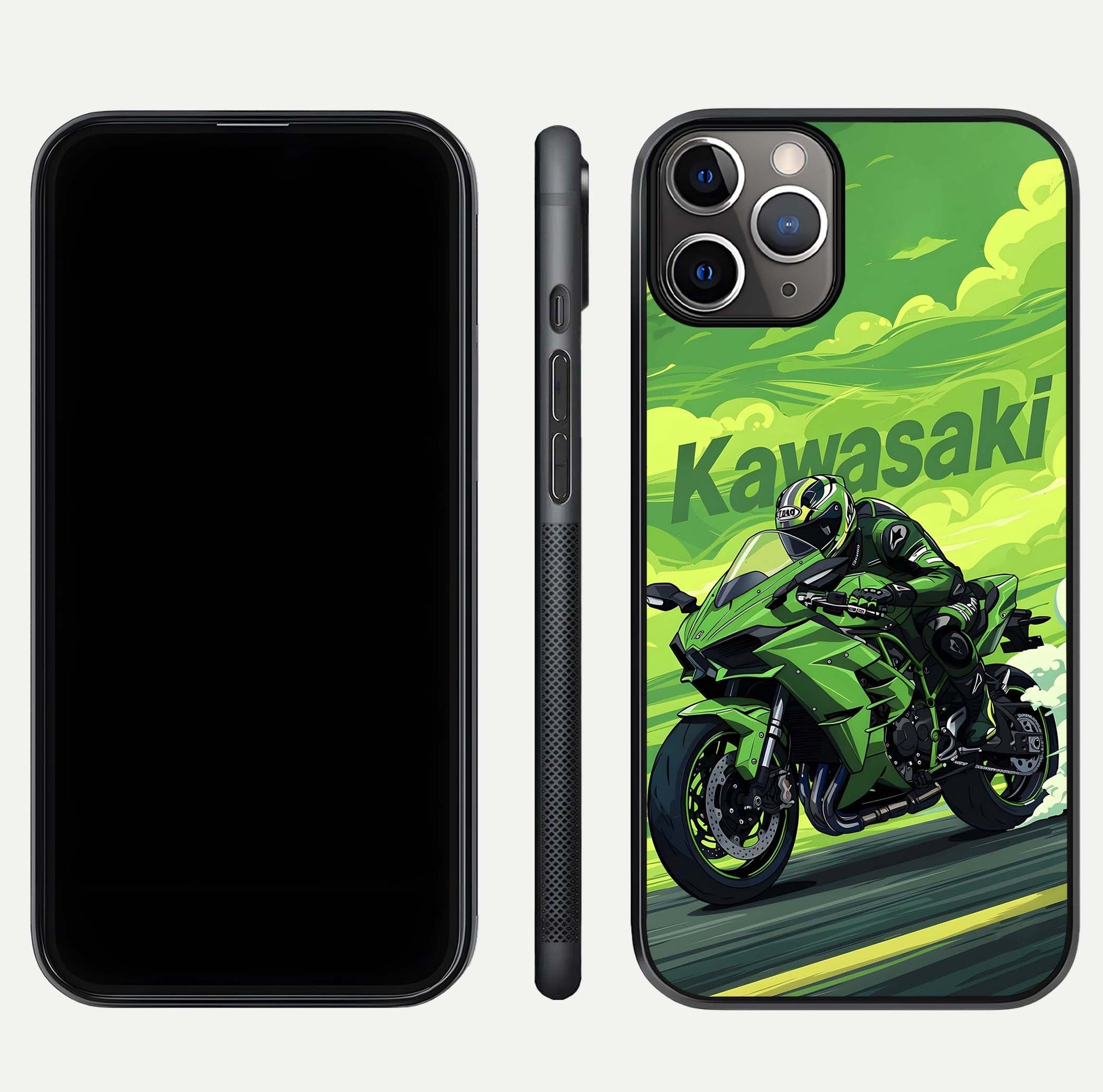 Green Kawasaki Glass Case for iPhone 11 Pro Max close-up angled shot showing sporty line details and reflection shine