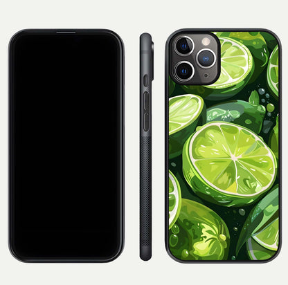 Green Lemon Glass Case for iPhone 11 Pro Max close-up angled shot showing lemon slice texture and reflection brightness