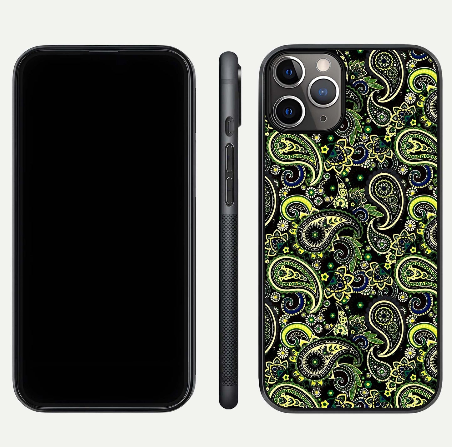 Green Mandala Pattern Glass Case for iPhone 11 Pro Max close-up angled shot showing fine detailing and gold-green reflection