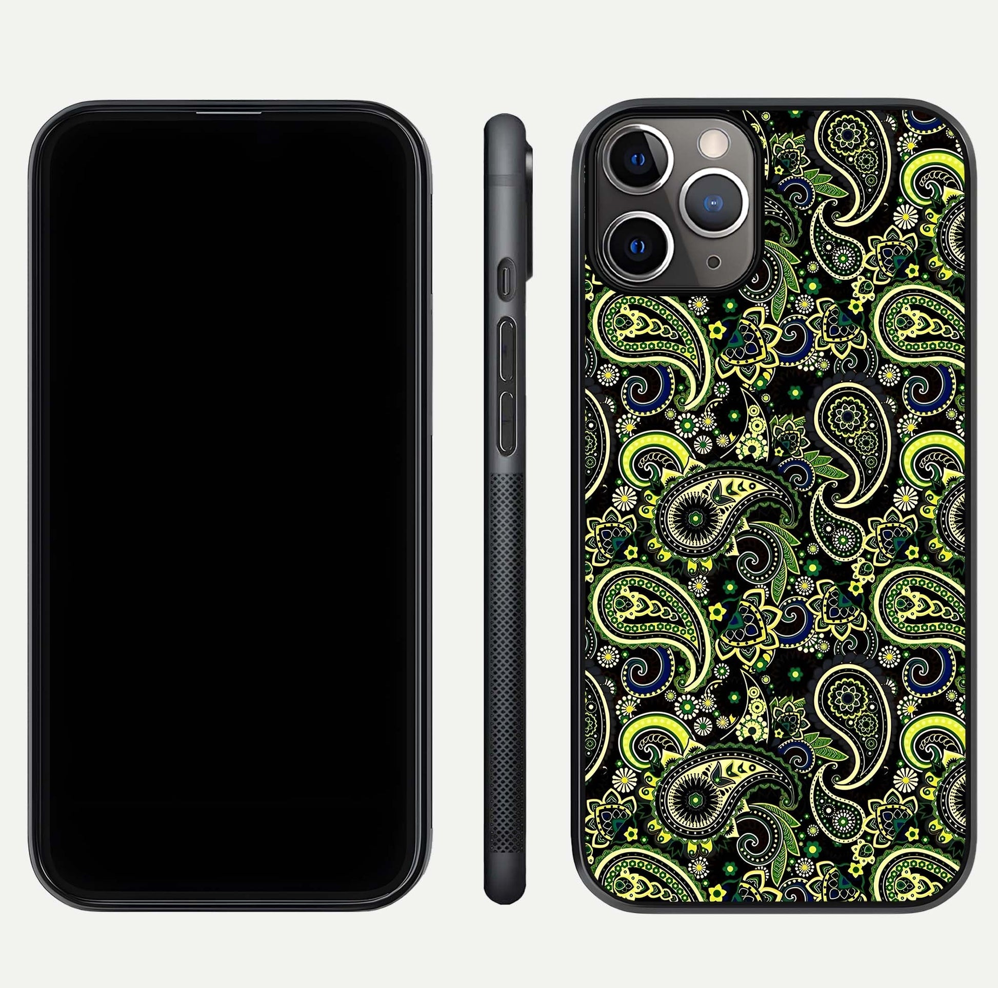Green Mandala Pattern Glass Case for iPhone 11 Pro Max close-up angled shot showing fine detailing and gold-green reflection