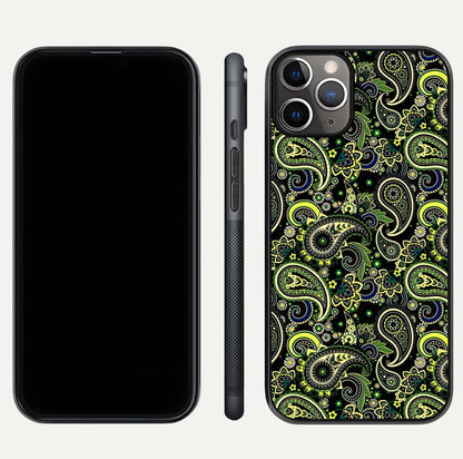 Green Mandala Pattern Glass Case for iPhone 11 Pro Max close-up angled shot showing fine detailing and gold-green reflection