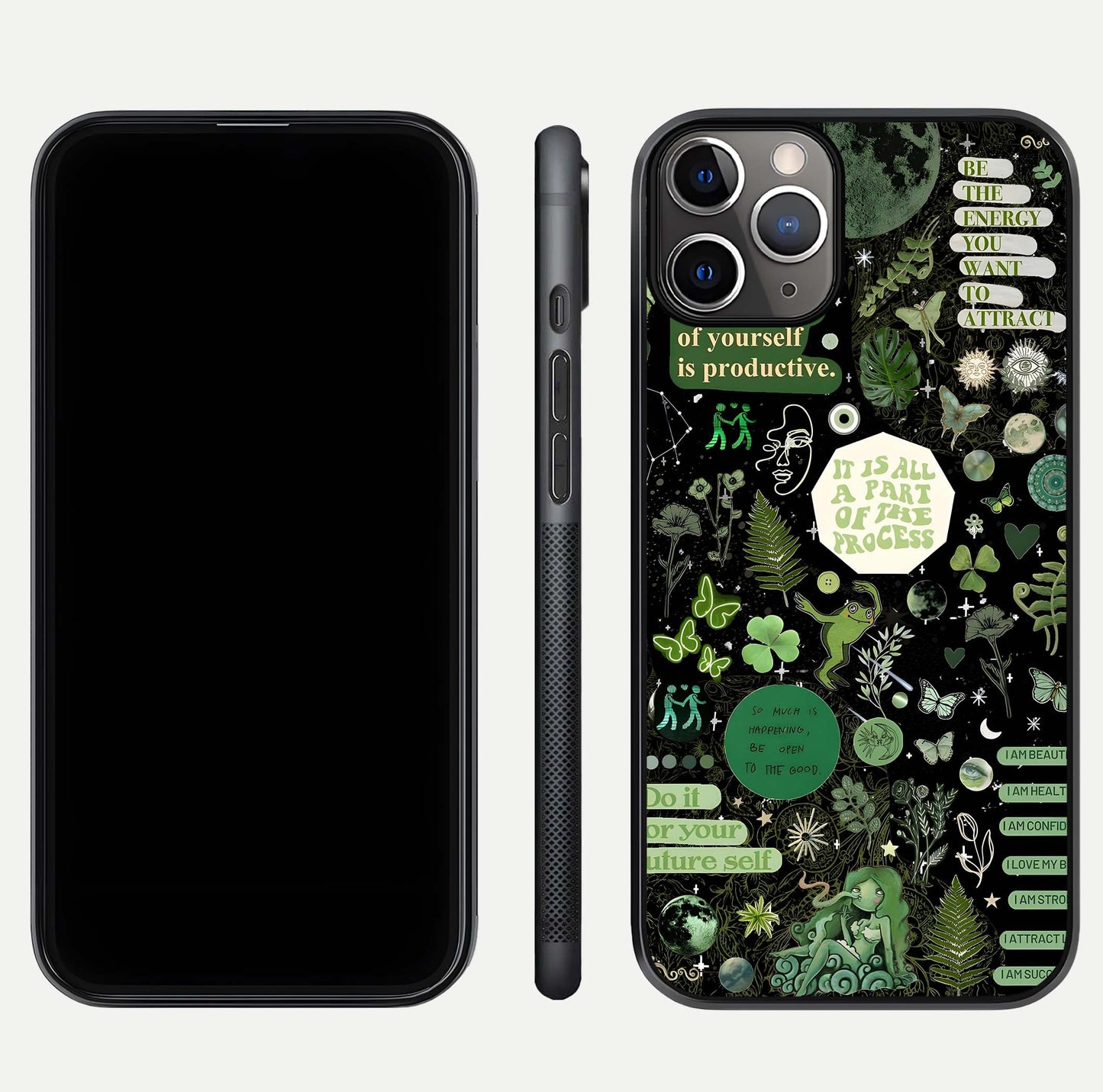 Green Moon Energy Glass Case for iPhone 11 Pro Max close-up angled shot showing glowing lunar detail and reflection shine