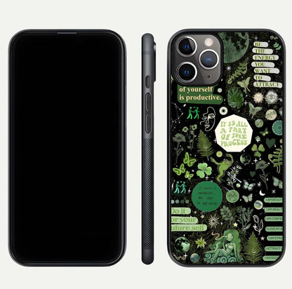 Green Moon Energy Glass Case for iPhone 11 Pro Max close-up angled shot showing glowing lunar detail and reflection shine