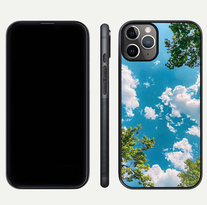 Greenery Sky Glass Case for iPhone 11 Pro Max close-up angled shot showing leafy tones and reflection brightness