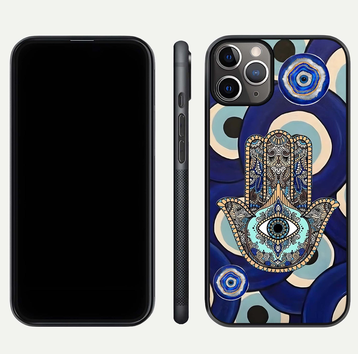 Hamsa Divine Guard Glass Case for iPhone 11 Pro Max close-up angled shot showing detailed palm motif and reflection glow