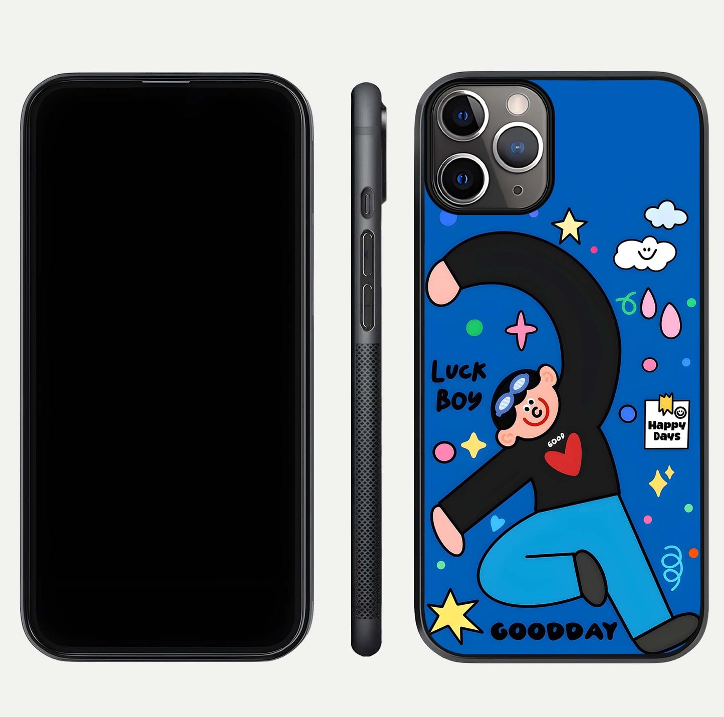Happy Luck Vibe Glass Case for iPhone 11 Pro Max close-up angled shot showing color details and reflection shine