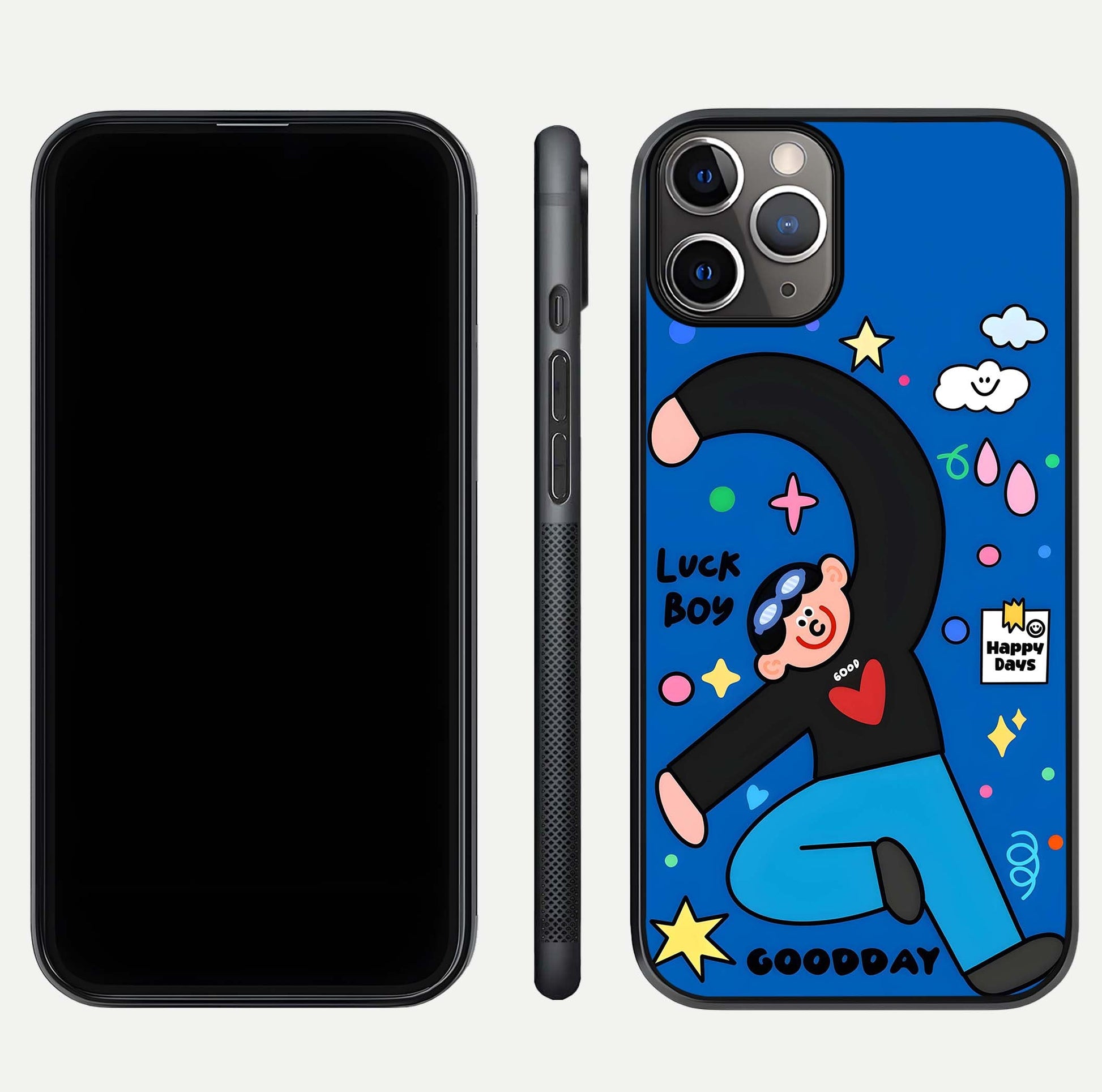 Happy Luck Vibe Glass Case for iPhone 11 Pro Max close-up angled shot showing color details and reflection shine