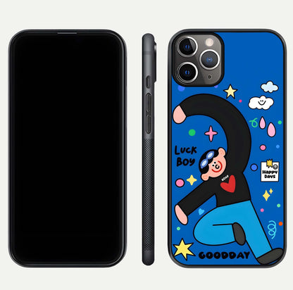 Happy Luck Vibe Glass Case for iPhone 11 Pro Max close-up angled shot showing color details and reflection shine