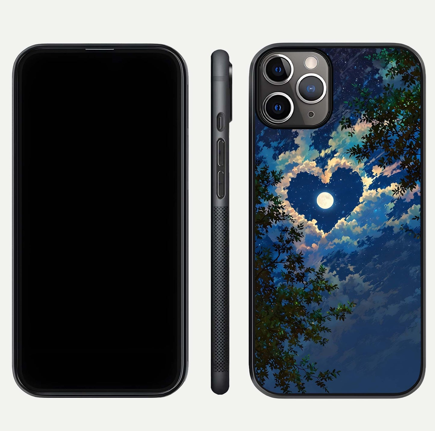 Heart with Moon Sky Glass Case for iPhone 11 Pro Max close-up angled shot showing lunar reflection and shine detail