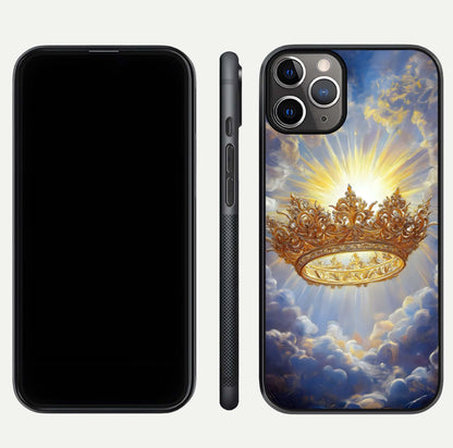 Heavenly Crown Light Glass Case for iPhone 11 Pro Max close-up angled shot showing glowing halo details and smooth reflection