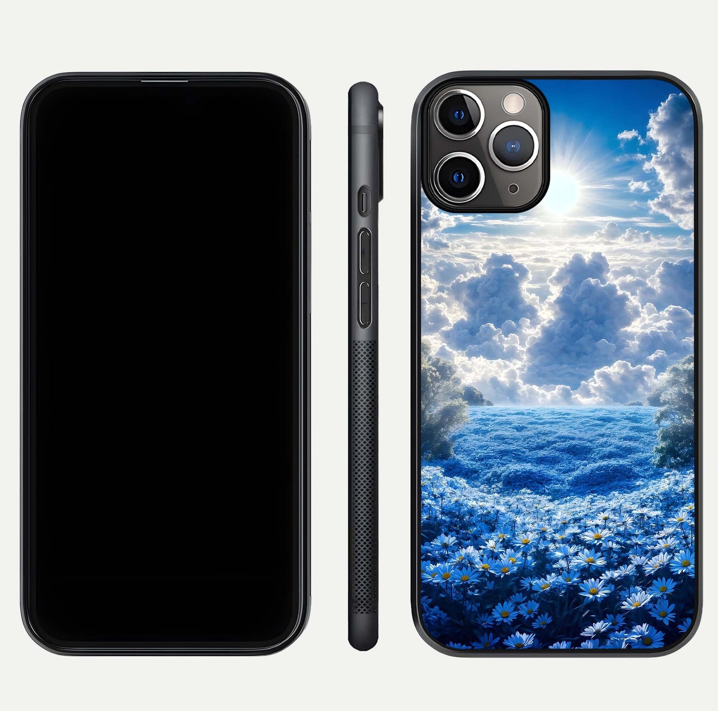 Heavenly Daisy Horizon Glass Case for iPhone 11 Pro Max close-up angled shot showing daisy petal details and light reflection