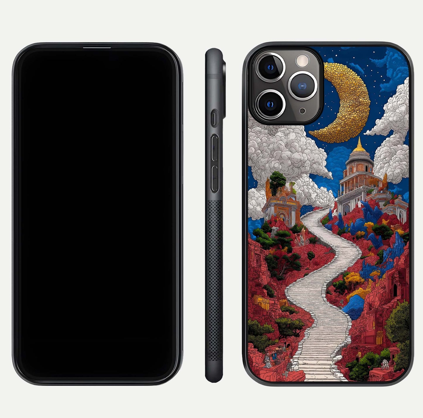 Heavenly Moon Path Glass Case for iPhone 11 Pro Max close-up angled shot showing moon reflection and shimmer texture