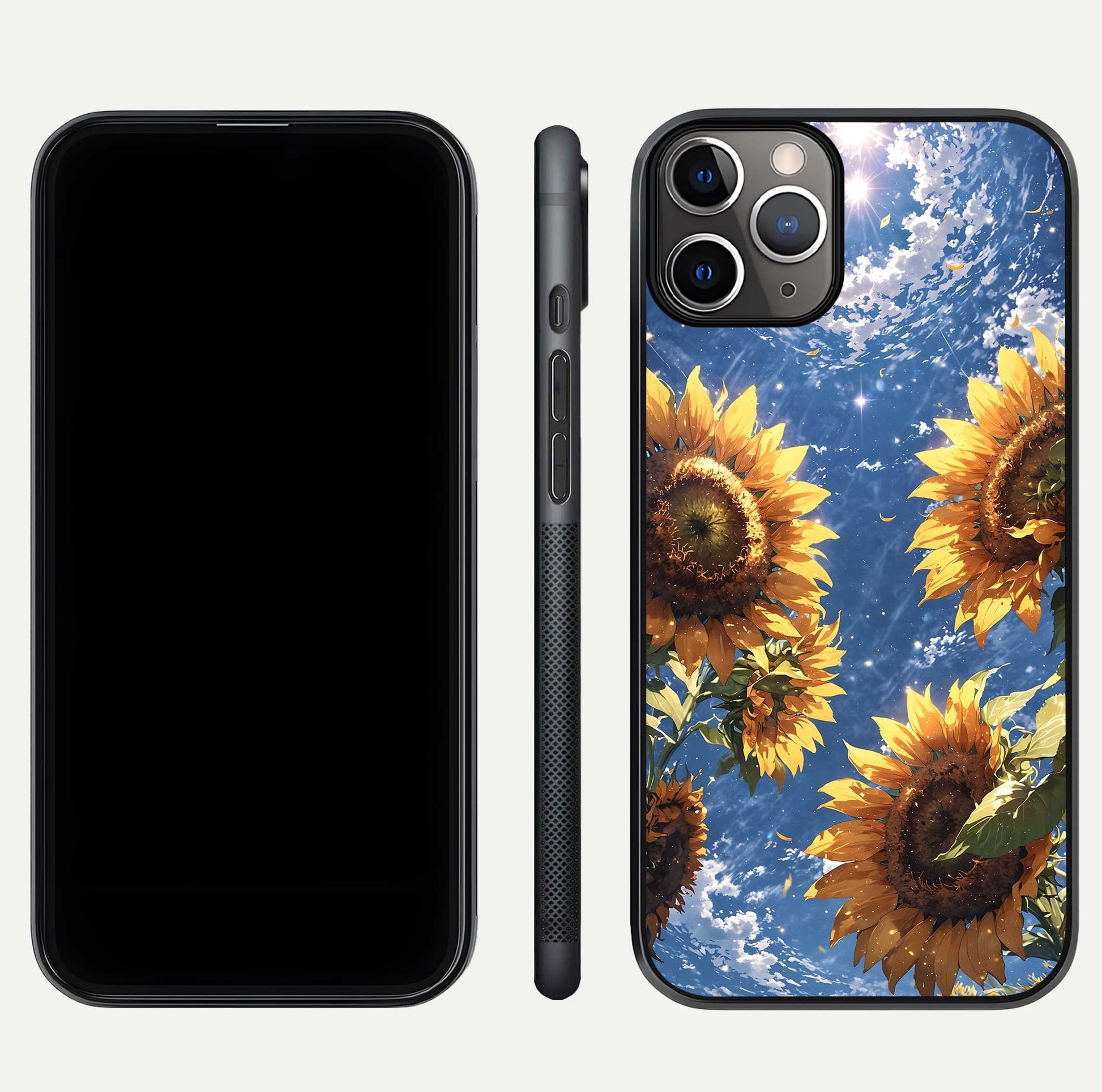 Heavenly Sunflower Rise Glass Case for iPhone 11 Pro Max close-up angled shot showing sunflower texture and reflection polish