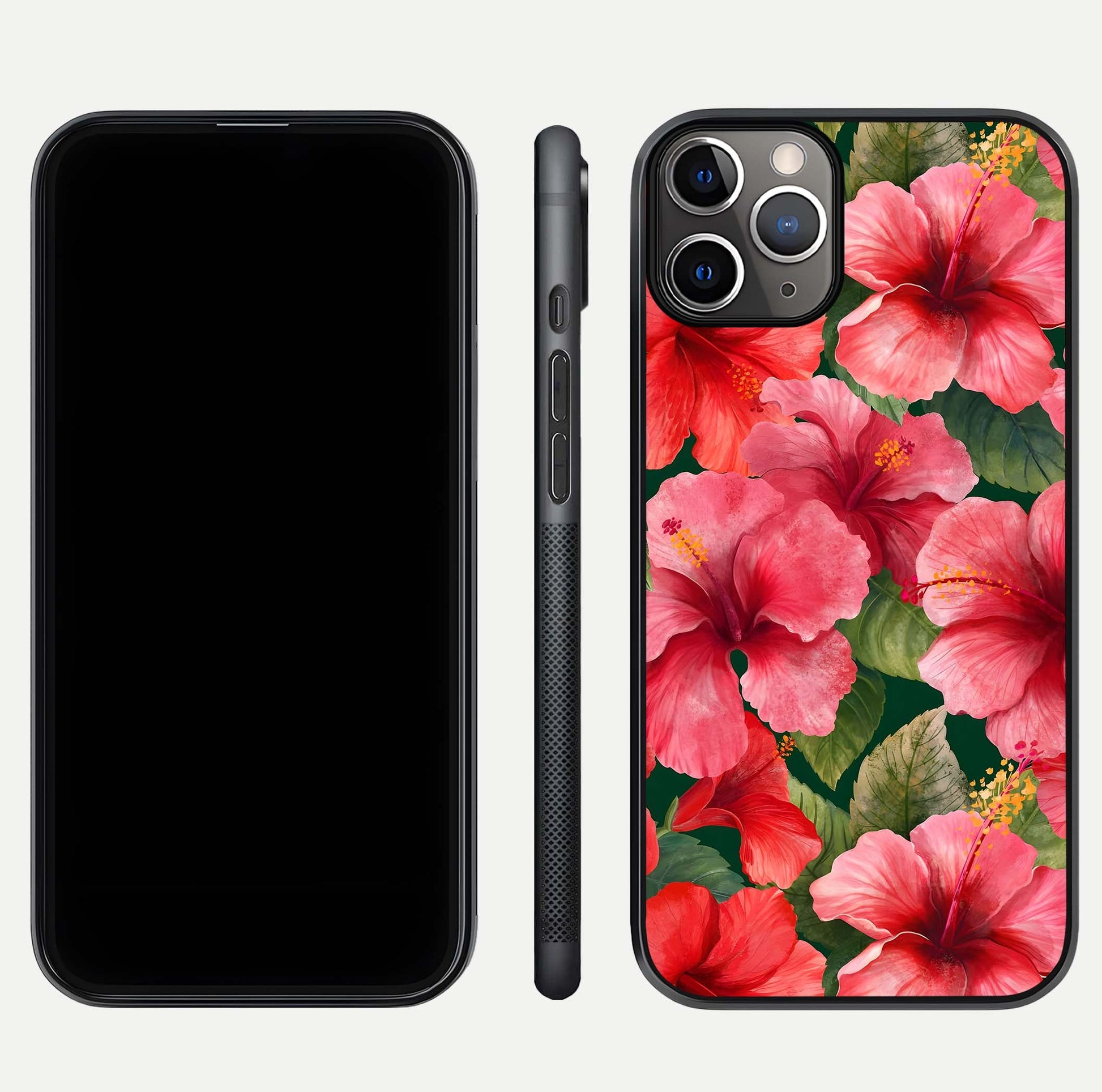 Hibiscus Pattern Glass Case for iPhone 11 Pro Max close-up angled shot showing flower details and gloss reflection