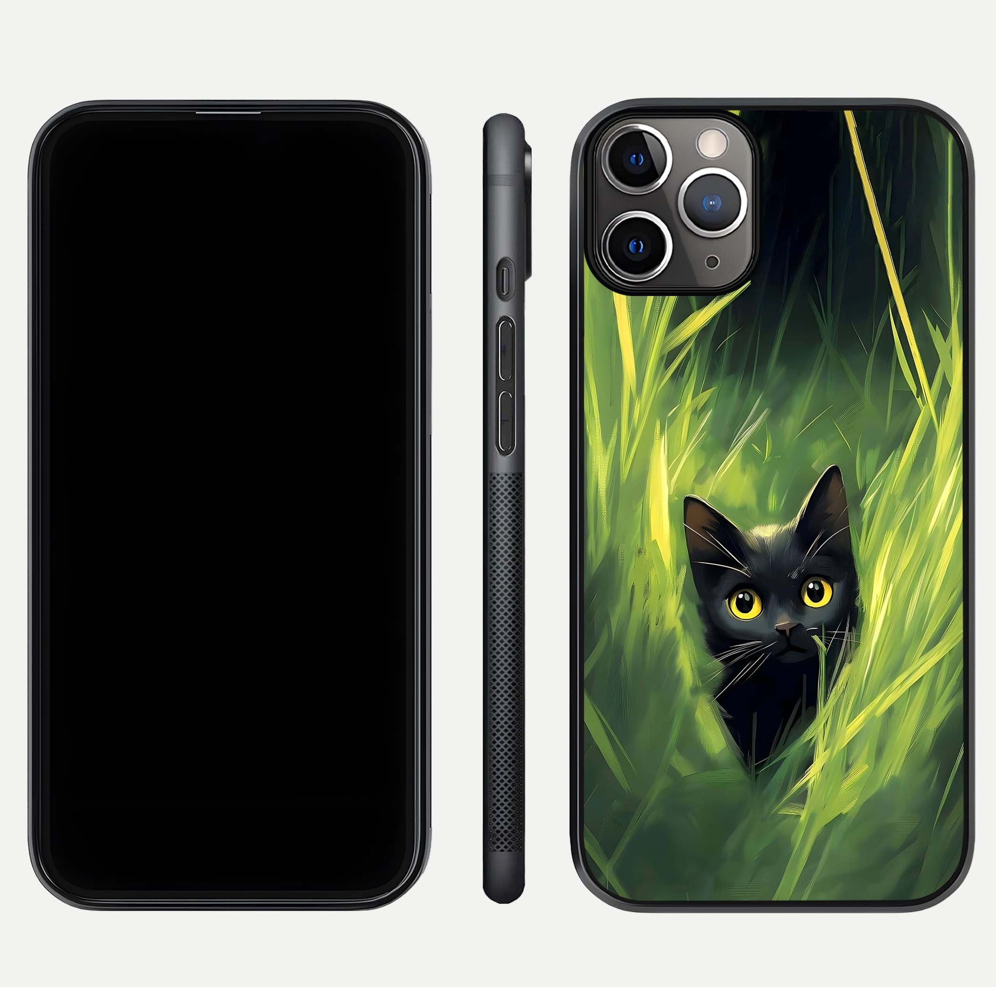 Hidden Cat Whisper Glass Case for iPhone 11 Pro Max close-up angled shot showing feline details and reflection polish