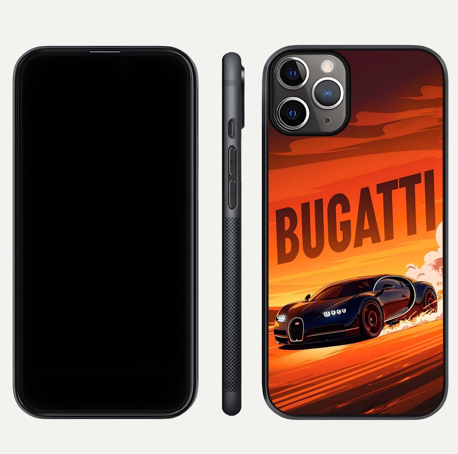 Inferno Bugatti Storm Glass Case for iPhone 11 Pro Max close-up angled shot showing flame details and reflection shine