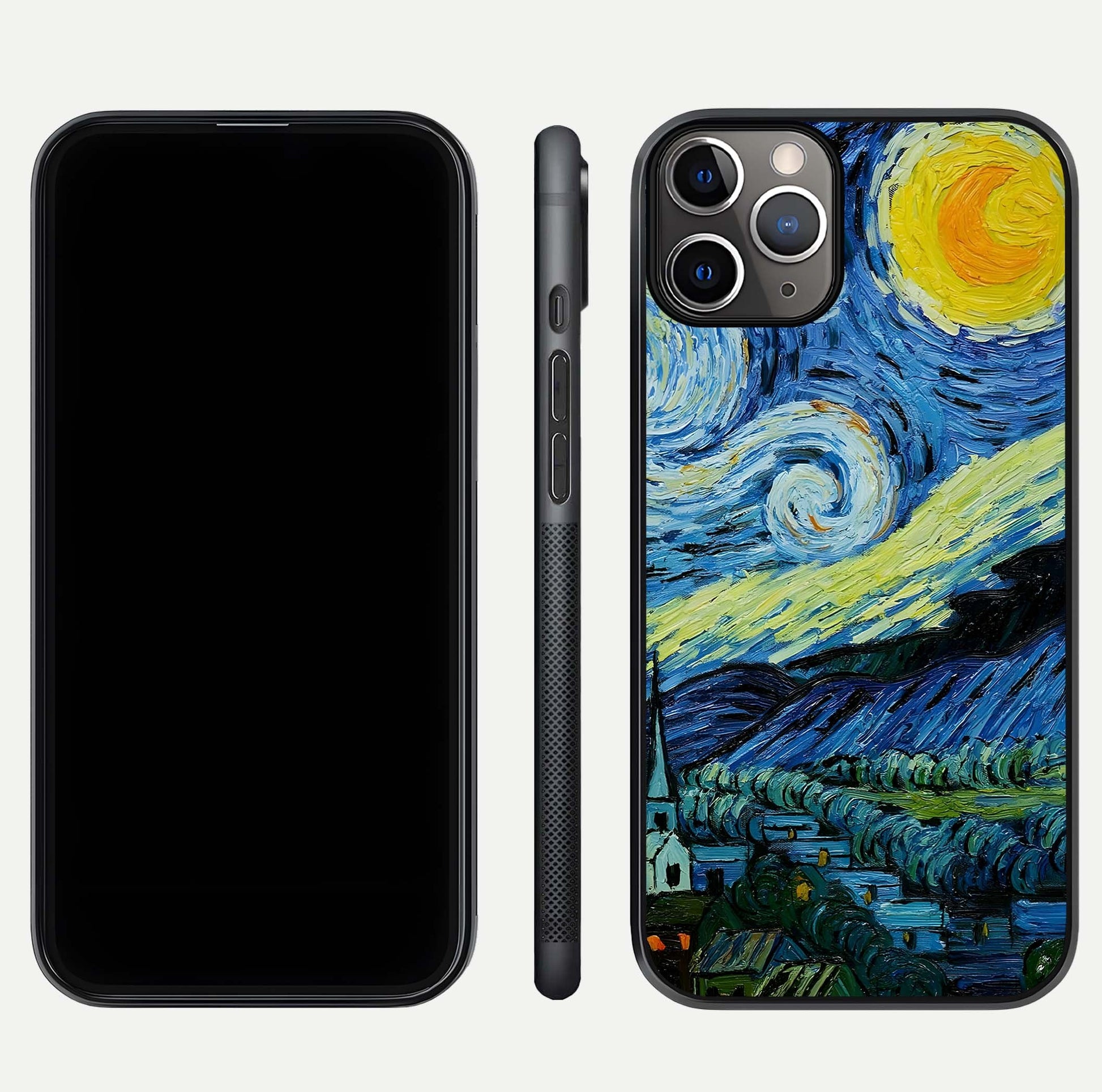 Inspired Van Gogh Art Glass Case for iPhone 11 Pro Max close-up angled shot showing brushstroke texture and shine detail